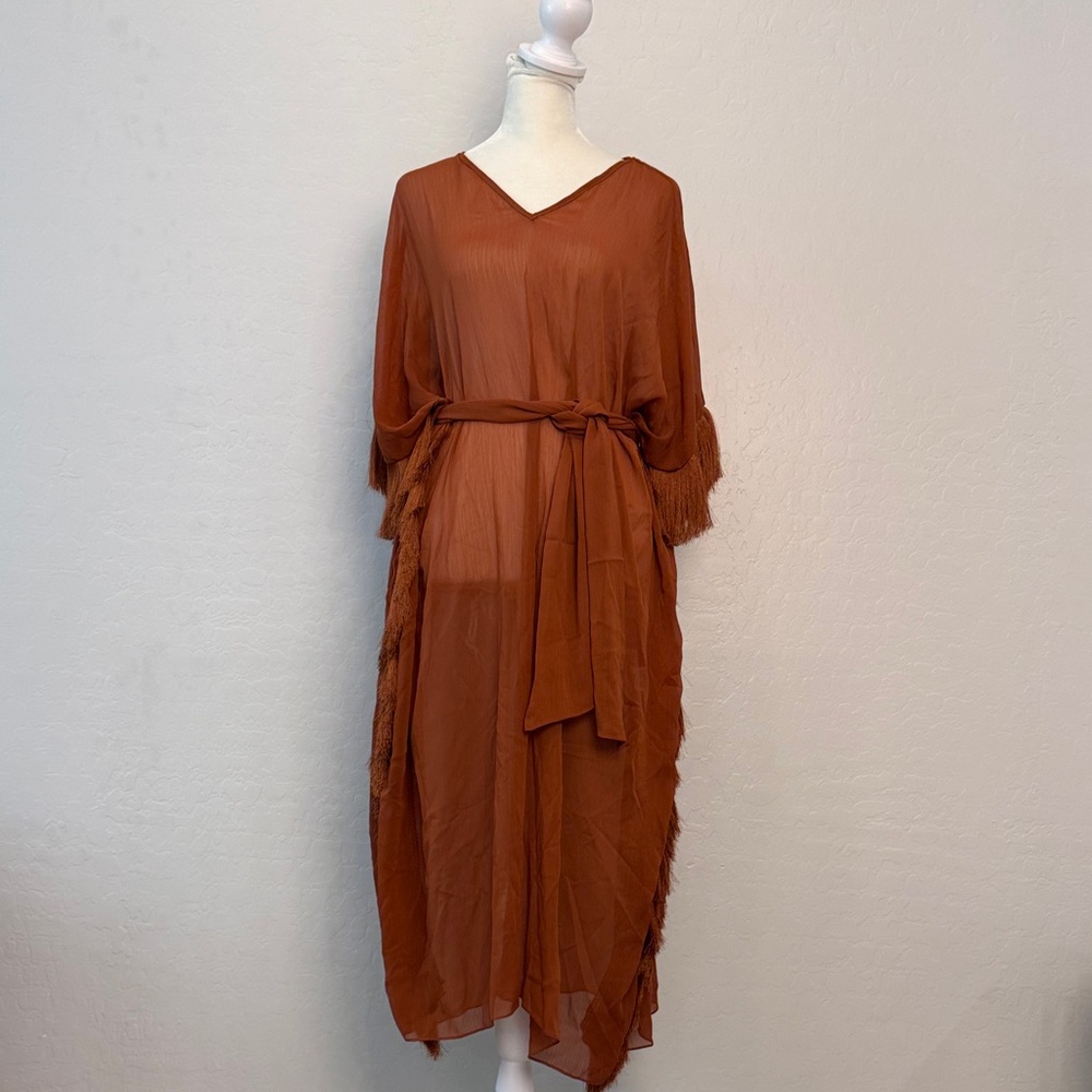 Chic Rust Maxi Dress with Belt - Picture 2 of 6